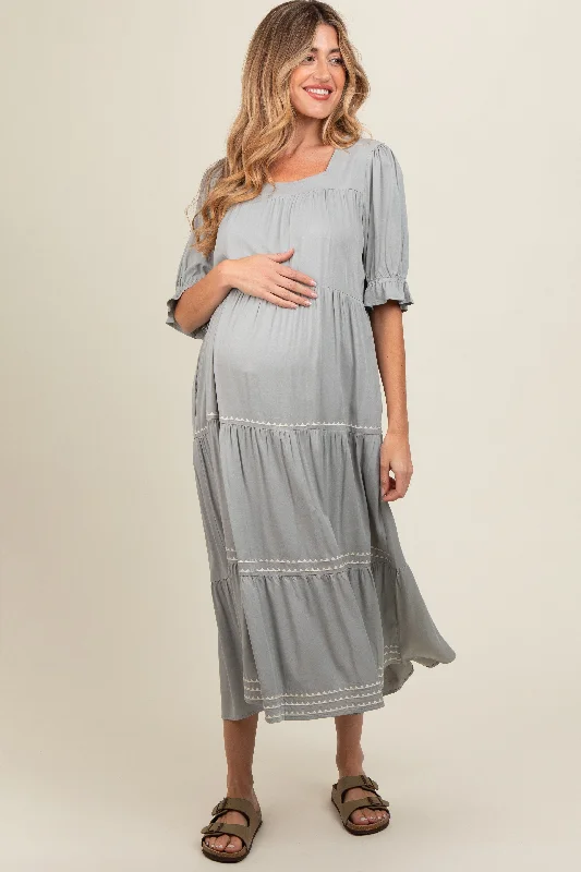 Trendy women’s clothing with a modern twist Grey Embroidered Tiered Maternity Midi Dress Trendy women’s clothing with a modern twist Grey Embroidered Tiered Maternity Midi Dress