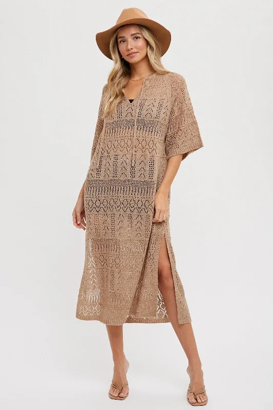 Curated collections of sophisticated women’s wear Taupe Open Knit Front Tie Side Slit Midi Swim Cover Up Curated collections of sophisticated women’s wear Taupe Open Knit Front Tie Side Slit Midi Swim Cover Up