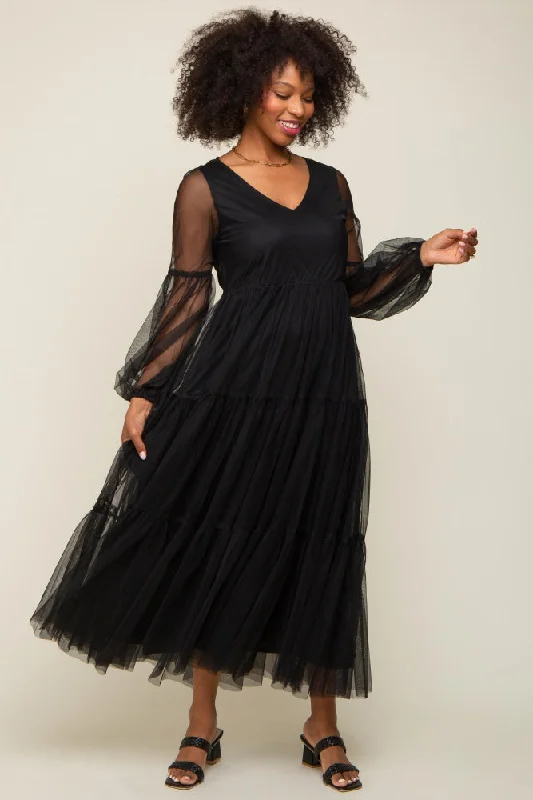 Casual outfits that elevate your style   Black Mesh Overlay Tiered Maxi Dress