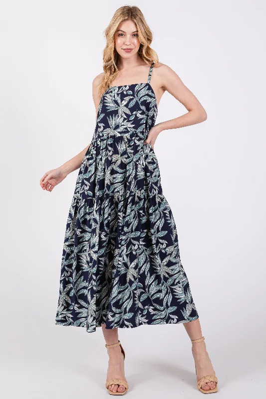 Chic, modern fashion for empowered women Navy Blue Leaf Print Square Neck Tiered Midi Dress Chic, modern fashion for empowered women Navy Blue Leaf Print Square Neck Tiered Midi Dress