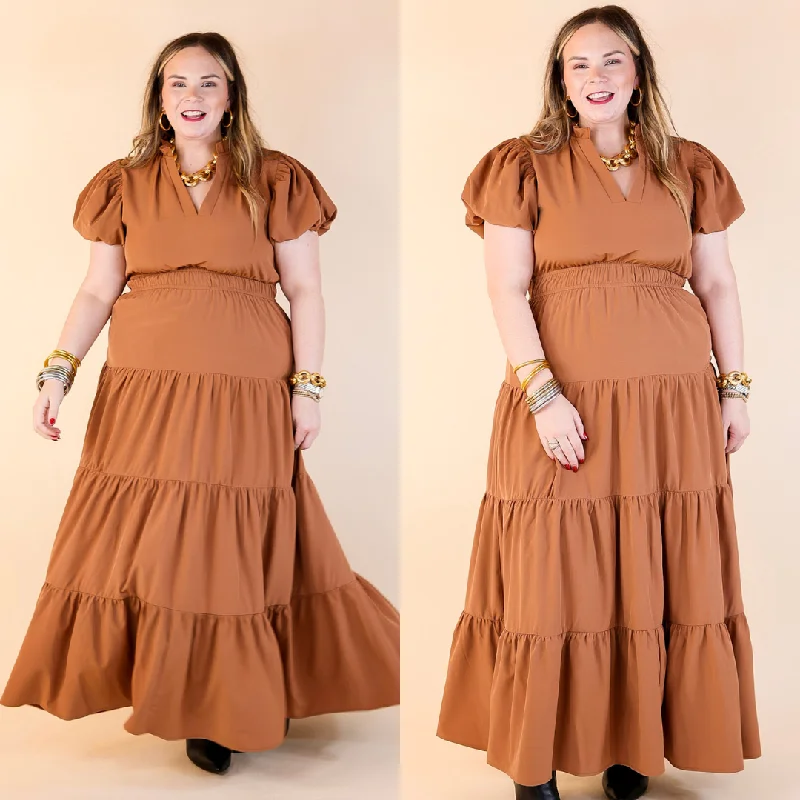 Chic, modern fashion for empowered women Table for Two Tiered Maxi Dress with Puff Sleeves in Clay Rust Orange Chic, modern fashion for empowered women Table for Two Tiered Maxi Dress with Puff Sleeves in Clay Rust Orange