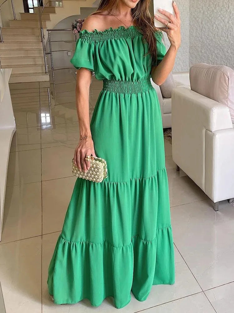 Curated collections for modern, fashionable women Off Shoulder Ruffles Summer Slash Neck Short Sleeve Elegant Maxi Dress Curated collections for modern, fashionable women Off Shoulder Ruffles Summer Slash Neck Short Sleeve Elegant Maxi Dress