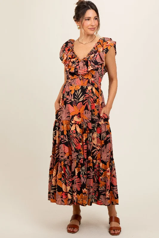 Clothing that’s as bold as you are   Black Ruffle V-Neck Tiered Maternity Maxi Dress