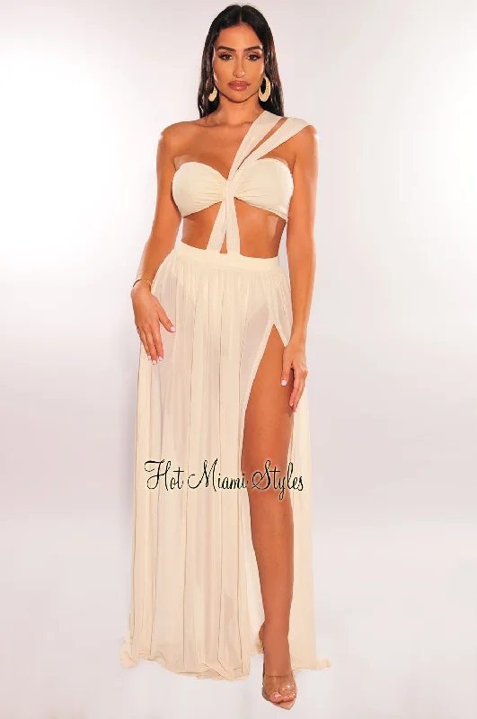 Bold, confident, and stylish women’s clothing Cream One Shoulder Cut Out Strappy Slit Maxi Dress Bold, confident, and stylish women’s clothing Cream One Shoulder Cut Out Strappy Slit Maxi Dress