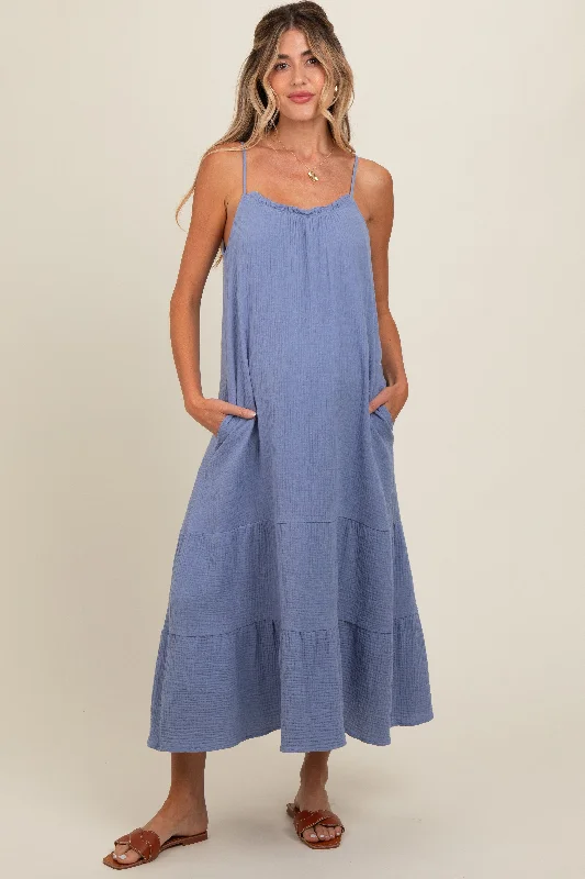 Elegant and comfortable women’s fashion wear   Blue Tiered Hem Maternity Midi Dress