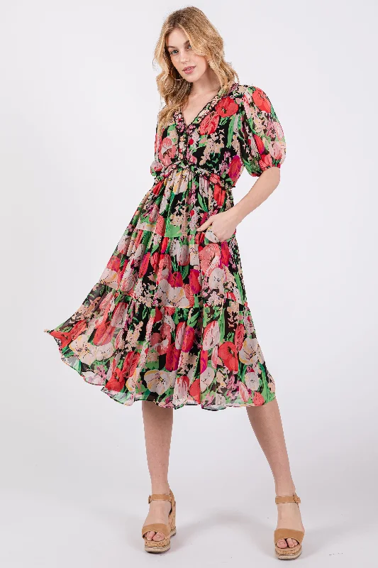 Women’s clothing that fits your personality and style Black Floral Ruffle Tiered Maternity Midi Dress Women’s clothing that fits your personality and style Black Floral Ruffle Tiered Maternity Midi Dress