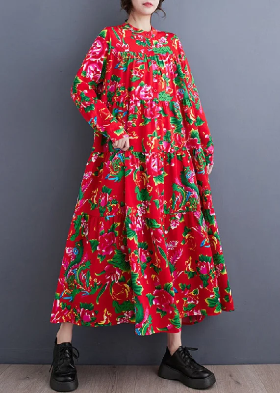 Chic, modern looks for the stylish woman Vintage Red Stand Collar Patchwork Wrinkled Maxi Dresses Long Sleeve Chic, modern looks for the stylish woman Vintage Red Stand Collar Patchwork Wrinkled Maxi Dresses Long Sleeve