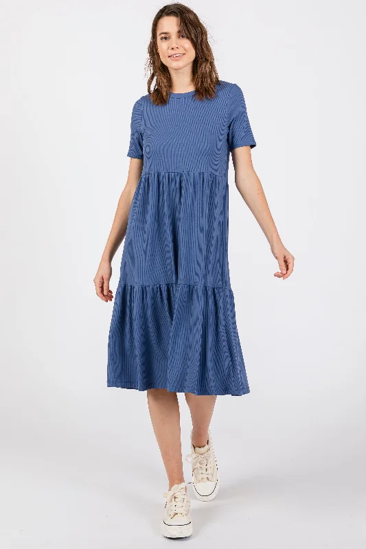Trendy women’s clothing that suits every taste   Blue Ribbed Tiered Midi Dress