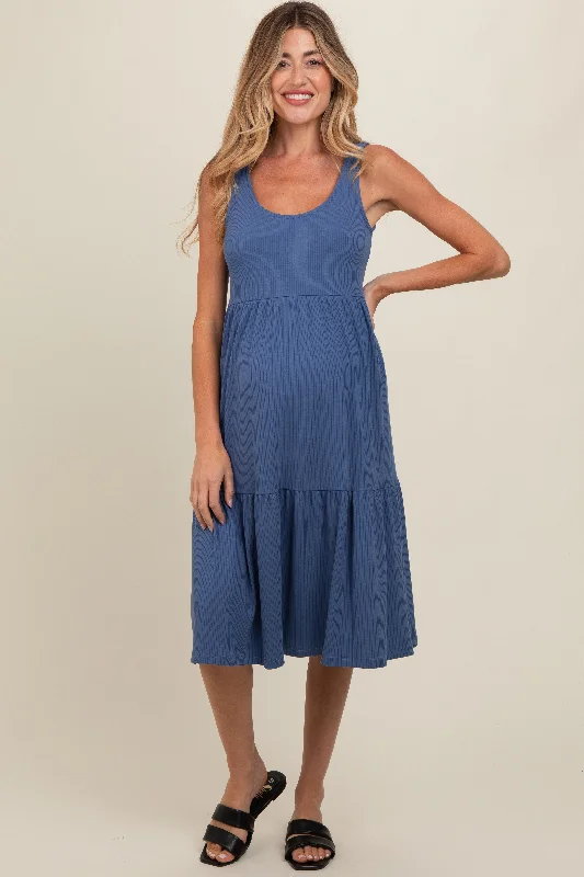 Elegant evening wear for special events   Blue Tiered Sleeveless Maternity Midi Dress