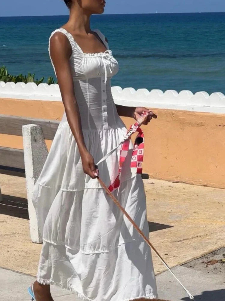 High-fashion styles at affordable prices Summer White Beach Vintage Long New Holiday Women Button Fashion Pure Pleated Elegant Maxi Dress High-fashion styles at affordable prices Summer White Beach Vintage Long New Holiday Women Button Fashion Pure Pleated Elegant Maxi Dress