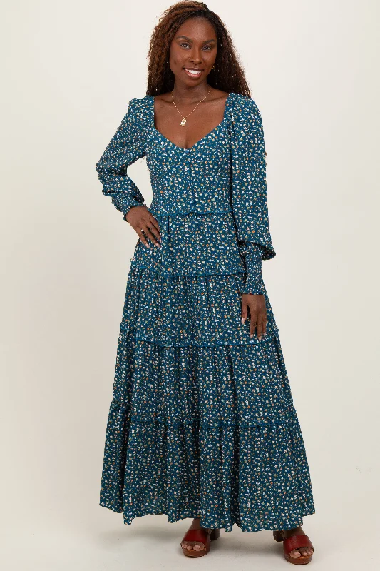 Feminine and fashionable clothing for every wardrobe Teal Floral Button Accent Bodice Tiered Maxi Dress Feminine and fashionable clothing for every wardrobe Teal Floral Button Accent Bodice Tiered Maxi Dress