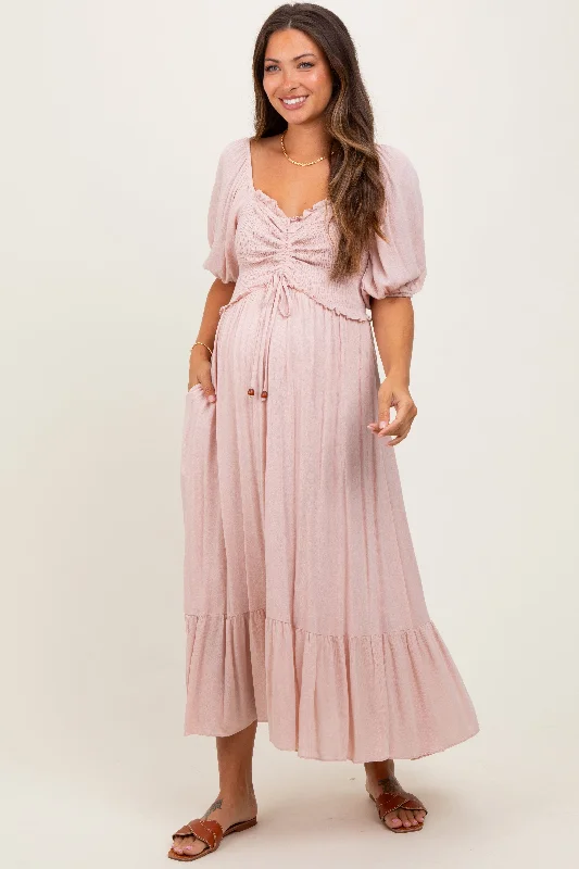 Latest fashion trends for modern women Light Pink Smocked Cinched Front Maternity Maxi Dress Latest fashion trends for modern women Light Pink Smocked Cinched Front Maternity Maxi Dress