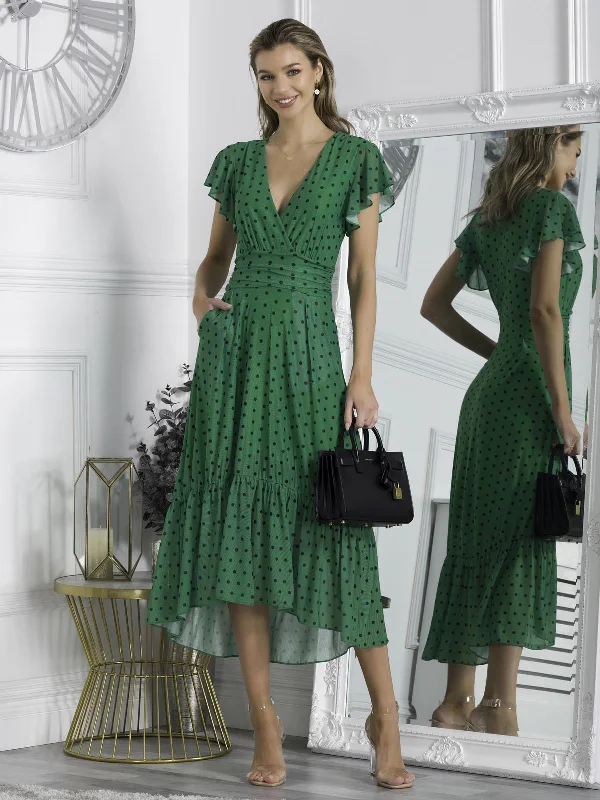Chic, modern looks for the stylish woman Leena Mesh Cap Sleeve Tiered Maxi Dress, Green Polka Chic, modern looks for the stylish woman Leena Mesh Cap Sleeve Tiered Maxi Dress, Green Polka