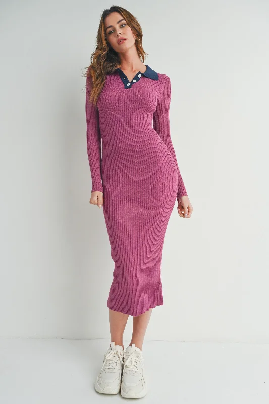 Chic for every occasion and style   Magenta Collared Button Front Long Sleeve Midi Sweater Dress