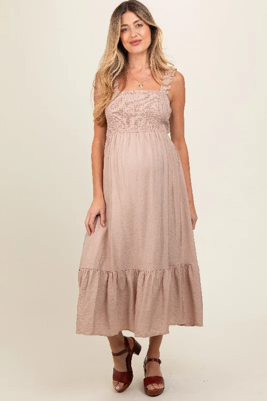 Fashionable women’s clothing that makes you shine Taupe Smocked Bodice Maternity Maxi Dress Fashionable women’s clothing that makes you shine Taupe Smocked Bodice Maternity Maxi Dress