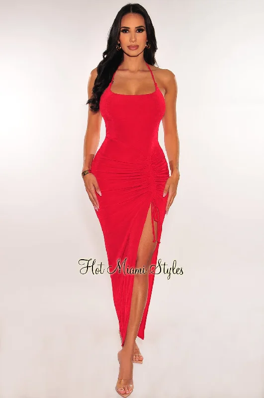 Effortlessly chic fashion for today’s woman Red Ribbed Shimmery Halter Drawstring Slit Maxi Dress Effortlessly chic fashion for today’s woman Red Ribbed Shimmery Halter Drawstring Slit Maxi Dress