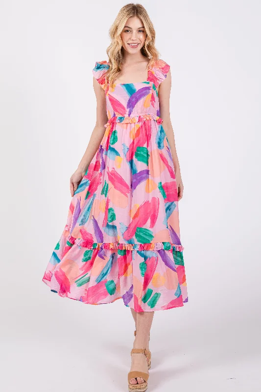 Modern fashion pieces designed for all women Pink Watercolor Print Ruffle Accent Midi Dress Modern fashion pieces designed for all women Pink Watercolor Print Ruffle Accent Midi Dress