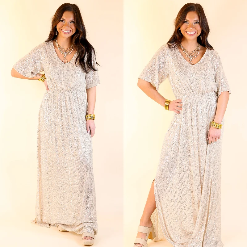 Luxurious fabrics and modern designs for women Sparkle In The City Short Sleeve Sequin Maxi Dress in Champagne Luxurious fabrics and modern designs for women Sparkle In The City Short Sleeve Sequin Maxi Dress in Champagne