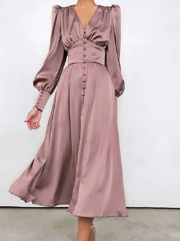 Soft, breathable fabrics for fashionable women Elegant and fashionable Women's Fall V-neck Satin Full Button Skinny Vintage Split Maxi Dress Soft, breathable fabrics for fashionable women Elegant and fashionable Women's Fall V-neck Satin Full Button Skinny Vintage Split Maxi Dress