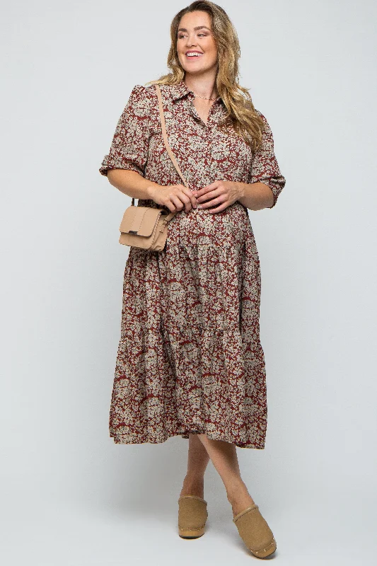 Refresh your wardrobe with high-quality women’s fashion   Burgundy Floral Collared Tiered Plus Maternity Maxi Dress