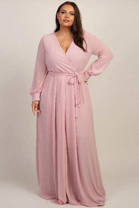 Chic, modern fashion for empowered women Light Pink Chiffon Long Sleeve Pleated Plus Maxi Dress Chic, modern fashion for empowered women Light Pink Chiffon Long Sleeve Pleated Plus Maxi Dress