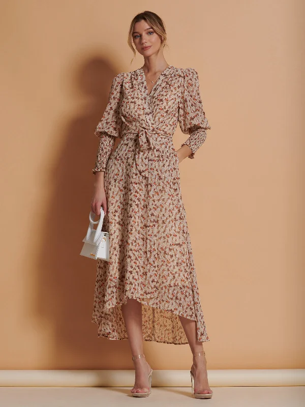 Summer-ready fashion for stylish women Chiffon Print Tie Waist Maxi Dress, Beige Floral Summer-ready fashion for stylish women Chiffon Print Tie Waist Maxi Dress, Beige Floral