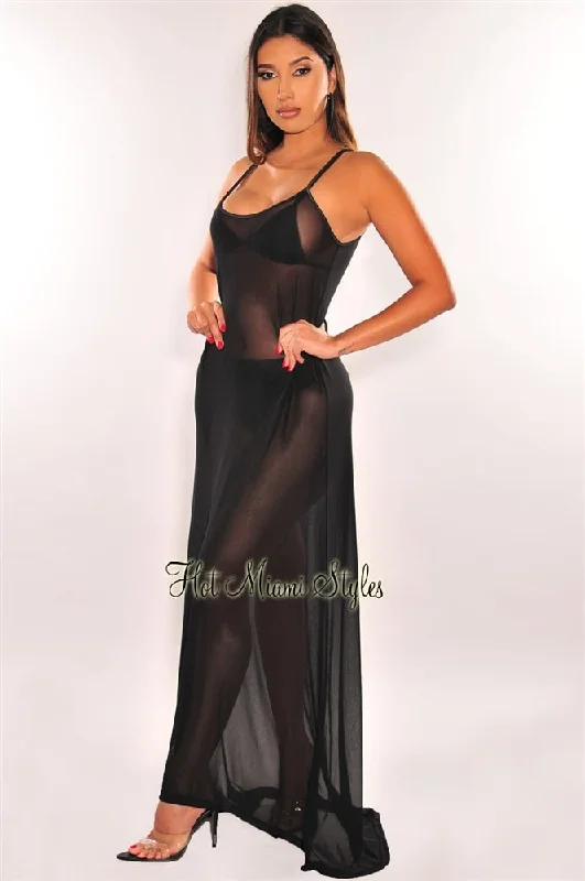 Comfortable yet stylish outfits for women on the go Black Mesh Sheer Spaghetti Straps Maxi Dress Cover Up Comfortable yet stylish outfits for women on the go Black Mesh Sheer Spaghetti Straps Maxi Dress Cover Up
