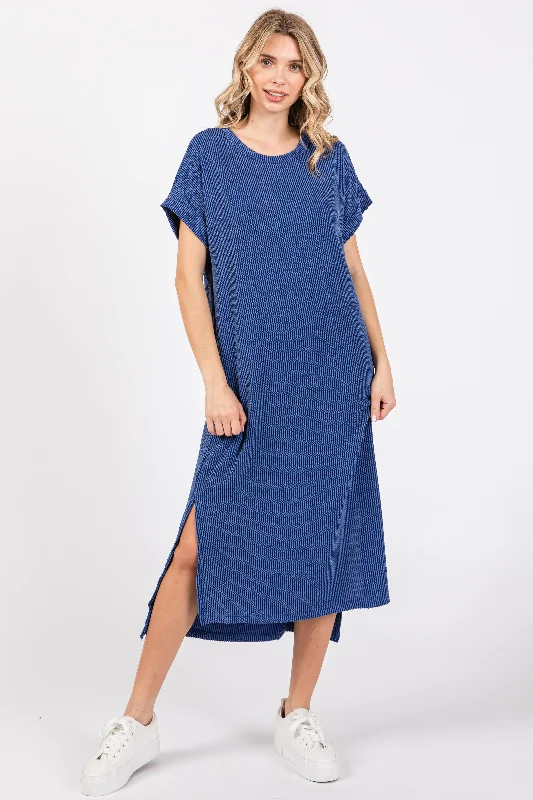 Affordable stylish women’s fashion collection   Blue Ribbed Short Sleeve Midi Dress