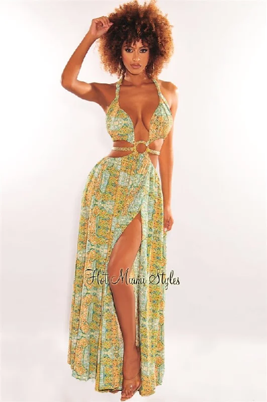 Perfect fashion pieces for the busy woman Green Print O-Ring Cut Out Gold Belted Double Slit Maxi Dress Perfect fashion pieces for the busy woman Green Print O-Ring Cut Out Gold Belted Double Slit Maxi Dress