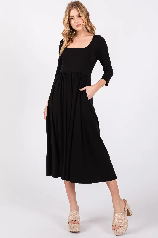 Refresh your wardrobe with stylish women’s outfits   Black Square Neck 3/4 Sleeve Midi Dress