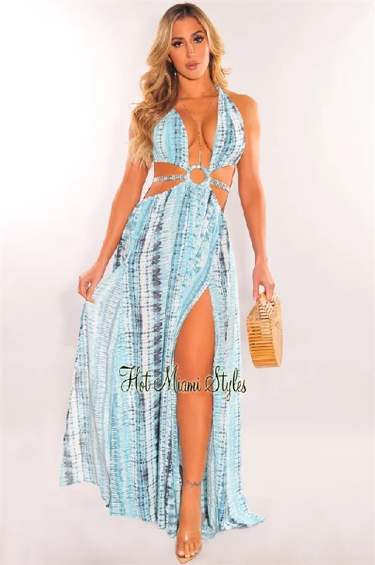 Fashionable clothing to fit every body type Teal Tie Dye O-Ring Cut Out Silver Belted Double Slit Maxi Dress Fashionable clothing to fit every body type Teal Tie Dye O-Ring Cut Out Silver Belted Double Slit Maxi Dress