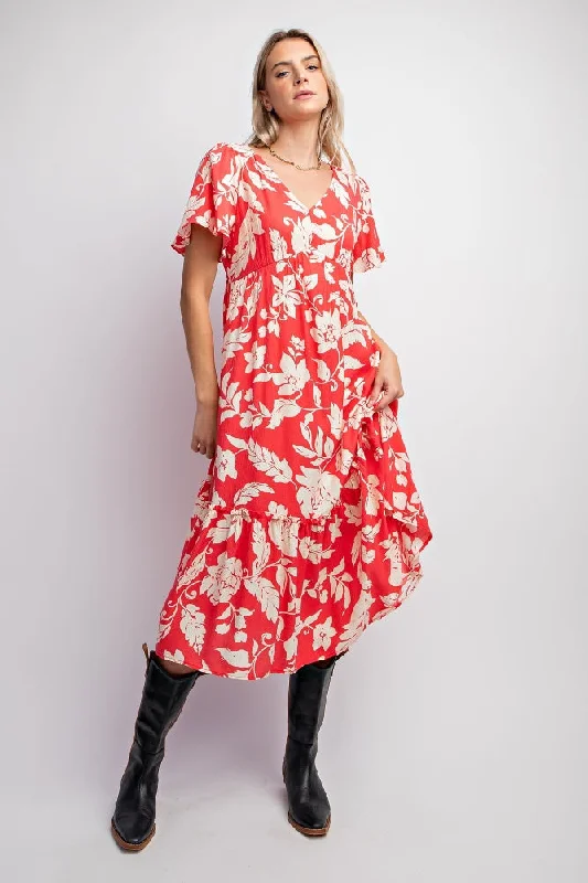 A perfect wardrobe for fashionable women   Red Tropical Print Ruffle Midi Dress