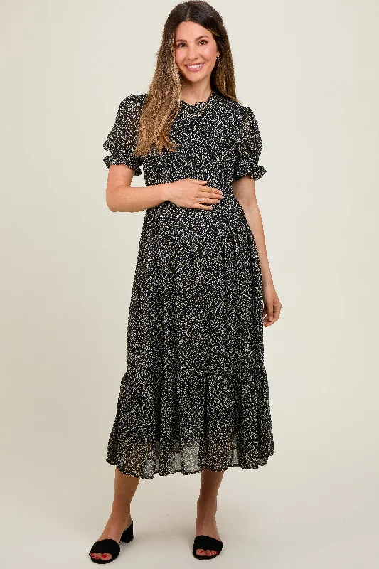 Effortlessly chic outfits for the modern woman Black Printed Smocked Maternity Midi Dress Effortlessly chic outfits for the modern woman Black Printed Smocked Maternity Midi Dress