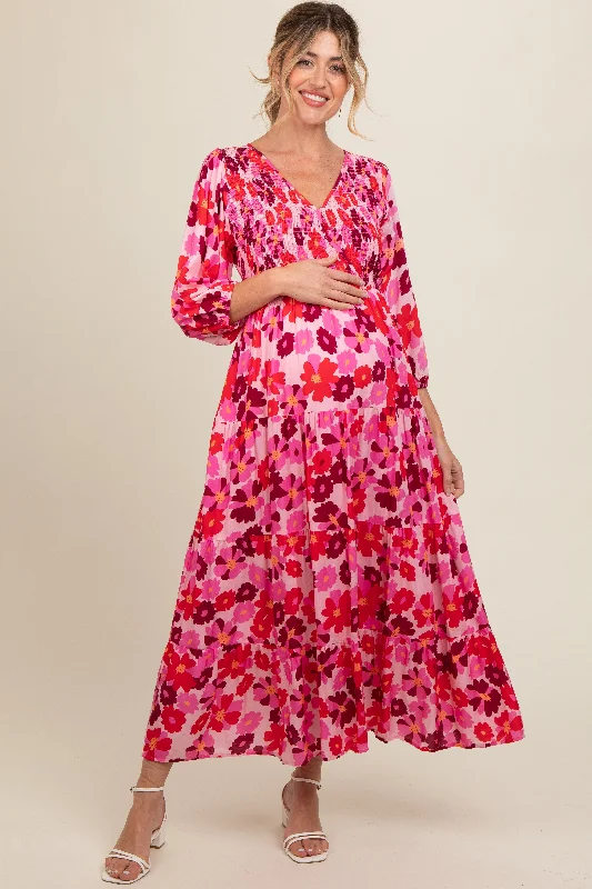 Refresh your closet with chic and comfy styles Pink Floral Wrap Front Smocked V-Neck Tiered Maternity Midi Dress Refresh your closet with chic and comfy styles Pink Floral Wrap Front Smocked V-Neck Tiered Maternity Midi Dress
