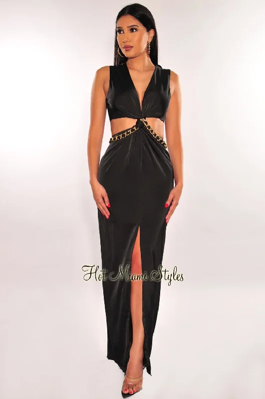 Clothing that’s as bold as you are   Black Gold Chain Knotted Cut Out Slit Maxi Dress