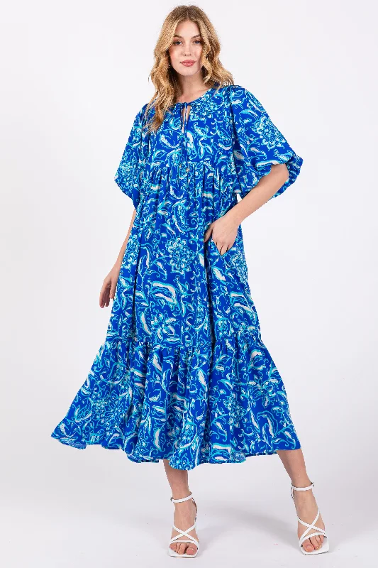 Trendy women’s clothing    Blue Floral Tiered Midi Dress