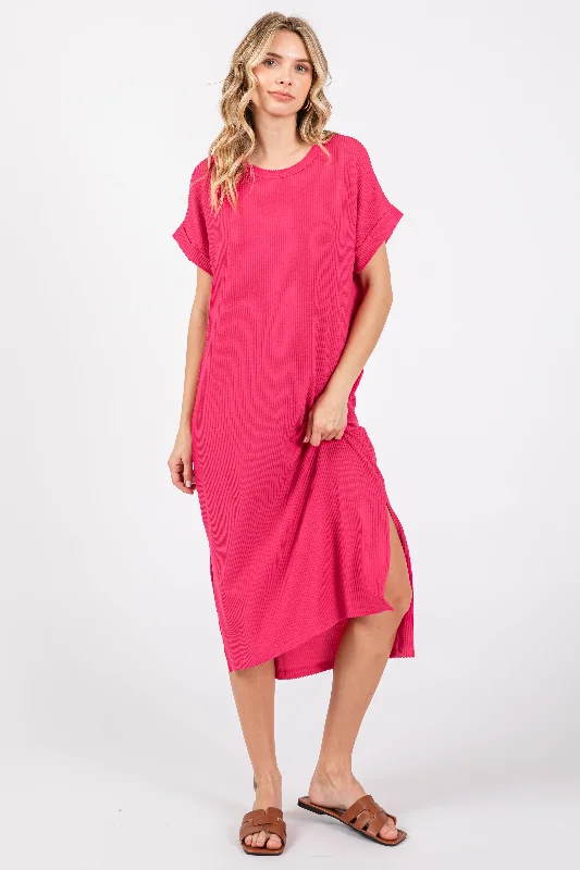 Women’s clothing that combines comfort and style Fuchsia Ribbed Short Sleeve Midi Dress Women’s clothing that combines comfort and style Fuchsia Ribbed Short Sleeve Midi Dress