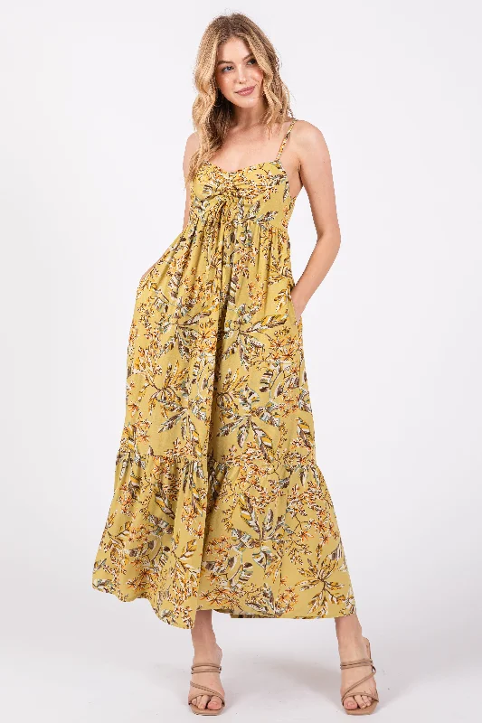 Everyday essentials for a stylish wardrobe Lime Floral Sleeveless Front Cinched Midi Dress Everyday essentials for a stylish wardrobe Lime Floral Sleeveless Front Cinched Midi Dress