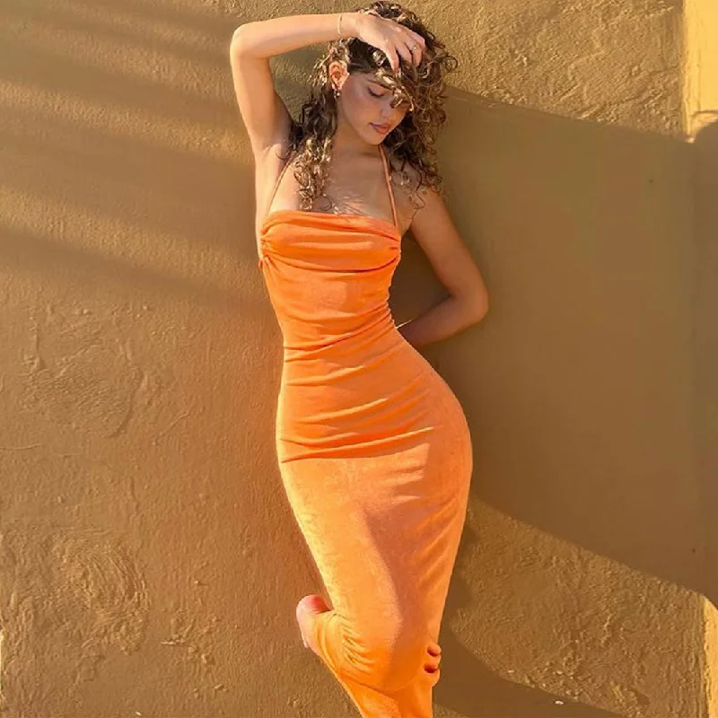 Elegant casual clothing for modern women Pretty Cowl Neck Strappy Draped Maxi Dress - Bright Orange Elegant casual clothing for modern women Pretty Cowl Neck Strappy Draped Maxi Dress - Bright Orange