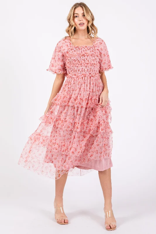 Effortlessly stylish outfits for the modern woman Pink Floral Tulle Smocked Ruffle Tiered Midi Dress Effortlessly stylish outfits for the modern woman Pink Floral Tulle Smocked Ruffle Tiered Midi Dress