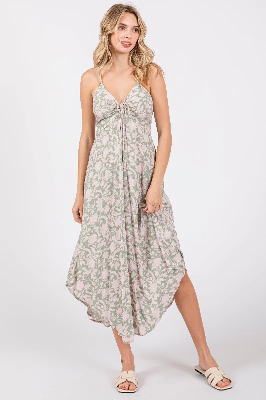 High-fashion styles at affordable prices   Light Olive Floral Front Tie V-Neck Midi Dress