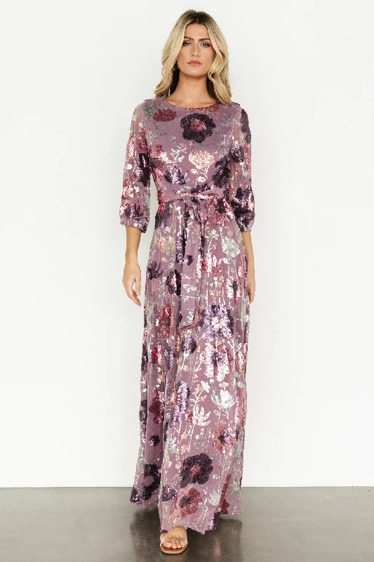 Classic pieces for a timeless wardrobe   Destiny Sequin Maxi Dress | Lilac Floral