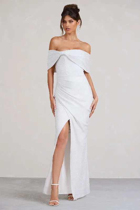 Chic and comfortable clothing for busy women Eva | White Glitter Bardot Wrap Maxi Dress Chic and comfortable clothing for busy women Eva | White Glitter Bardot Wrap Maxi Dress