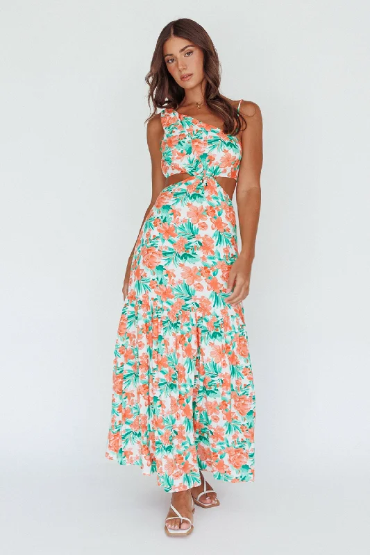 Sleek and sophisticated fashion for modern women Evening Breeze Cut-Out Waist Maxi Dress Floral Orange Sleek and sophisticated fashion for modern women Evening Breeze Cut-Out Waist Maxi Dress Floral Orange