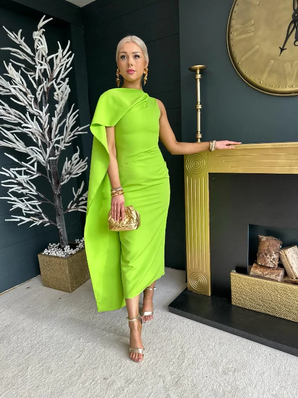 Feminine fashion to express your unique style Hudson Cape Detail Occasion Dress Electric Green Feminine fashion to express your unique style Hudson Cape Detail Occasion Dress Electric Green