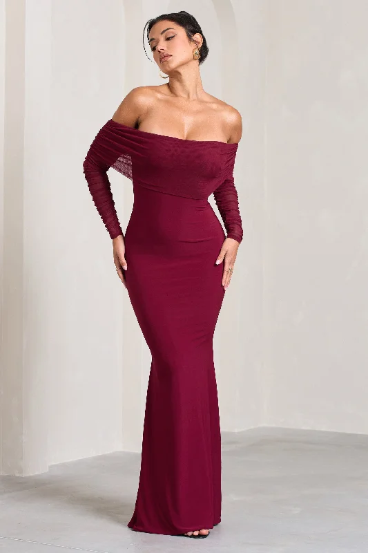 Trendy women’s clothing Madeleine | Berry Fishtail Maxi Dress With Bardot Mesh Long Sleeves Trendy women’s clothing Madeleine | Berry Fishtail Maxi Dress With Bardot Mesh Long Sleeves