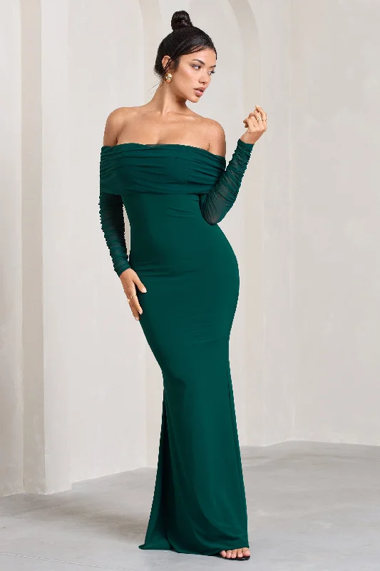 Uncover unique pieces for your perfect wardrobe Madeleine | Bottle Green Fishtail Maxi Dress With Bardot Mesh Long Sleeves Uncover unique pieces for your perfect wardrobe Madeleine | Bottle Green Fishtail Maxi Dress With Bardot Mesh Long Sleeves
