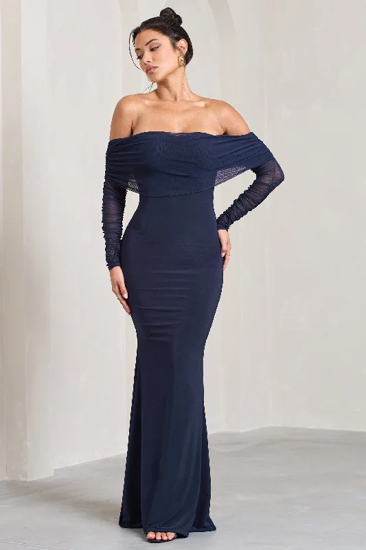 Create a timeless wardrobe with fashionable pieces Madeleine | Navy Fishtail Maxi Dress With Bardot Mesh Long Sleeves Create a timeless wardrobe with fashionable pieces Madeleine | Navy Fishtail Maxi Dress With Bardot Mesh Long Sleeves