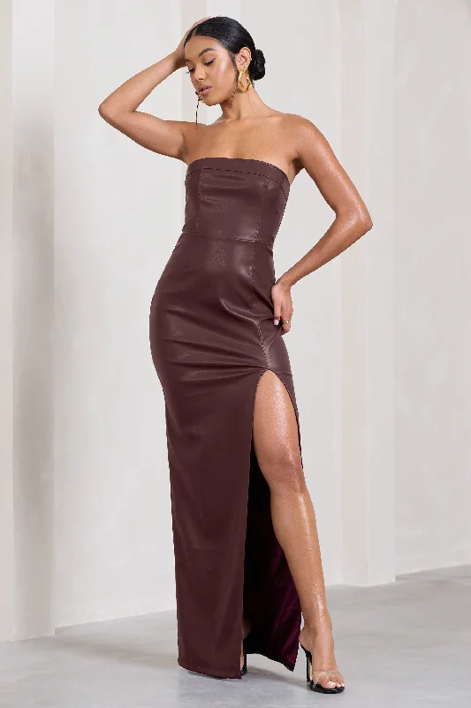 High-quality women’s wear for everyday elegance Marlene | Burgundy Faux Leather Strapless Bandeau Split Maxi Dress High-quality women’s wear for everyday elegance Marlene | Burgundy Faux Leather Strapless Bandeau Split Maxi Dress