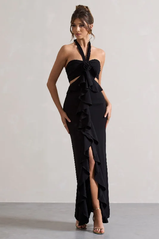Essential women’s clothing for every season Powerful | Black Cut-Out Halter-Neck Maxi Dress With Flower & Ruffles Essential women’s clothing for every season Powerful | Black Cut-Out Halter-Neck Maxi Dress With Flower & Ruffles